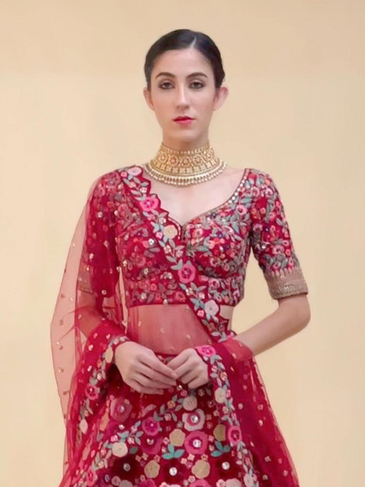 Lehenga Choli - Buy Dark Blue And Red Embroidered Wedding Lehenga Choli